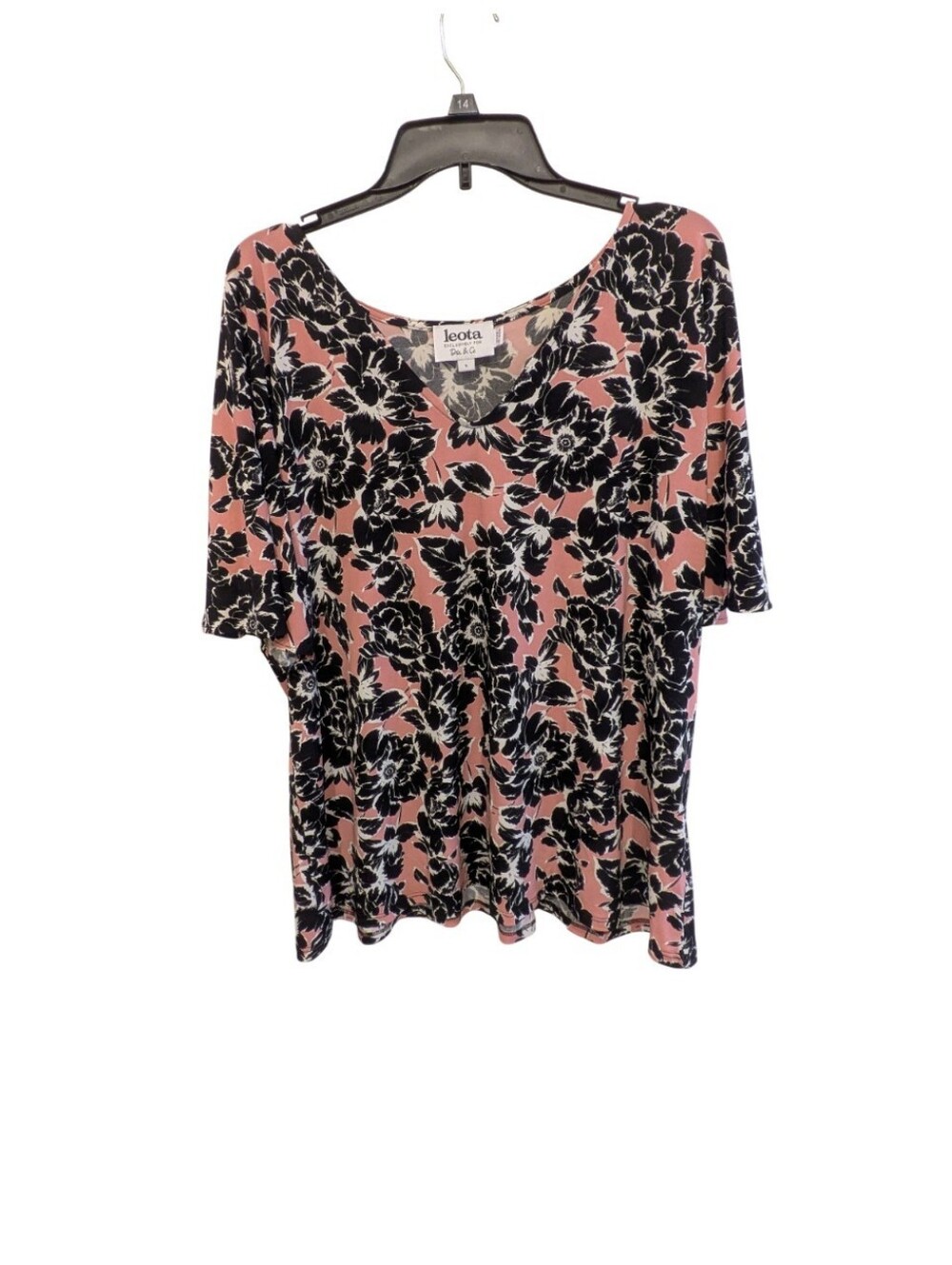 Leota Pink & Black Floral V-Neck Short Sleeve Top